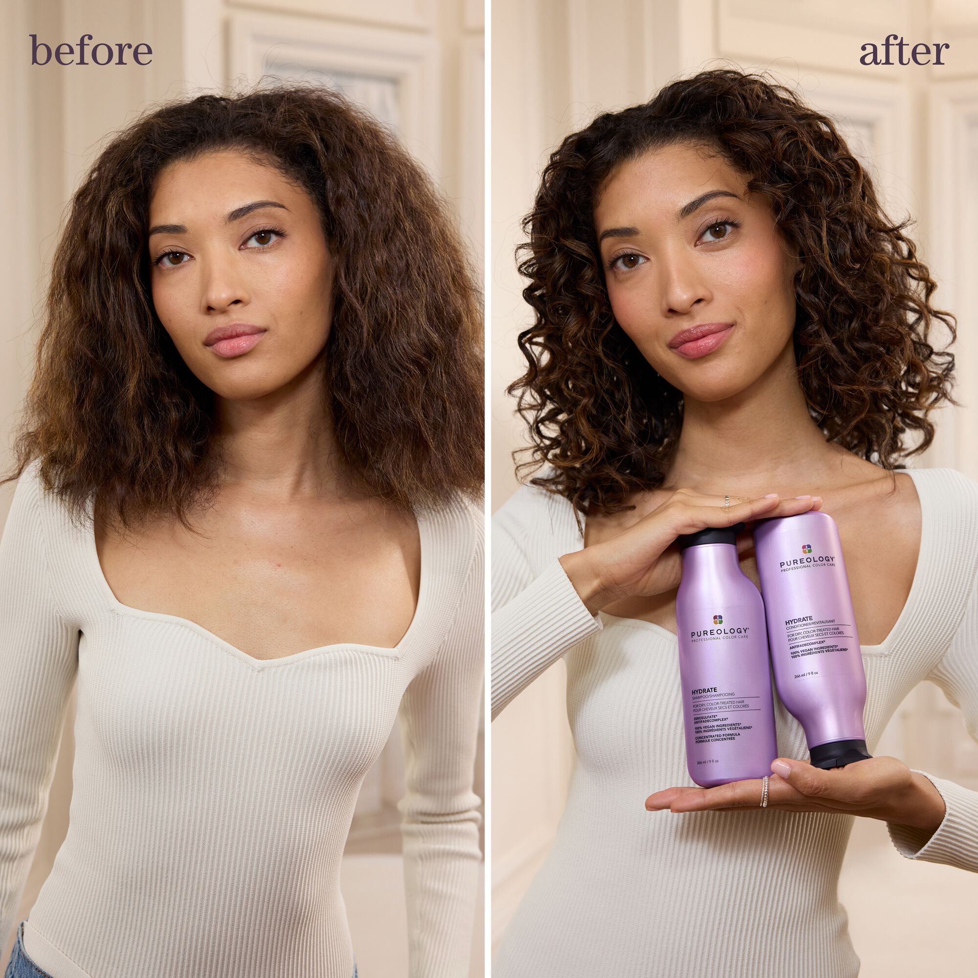 Pureology Hydrate before and after - frizzy damaged hair smoothed with deep conditioning treatment