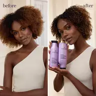 Additional before and after using Pureology Hydrate duo on dry curly color-treated hair, showing moisturized curls