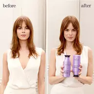 Before and after using Pureology Hydrate Sheer duo on fine, dry color-treated hair, showing intense softness