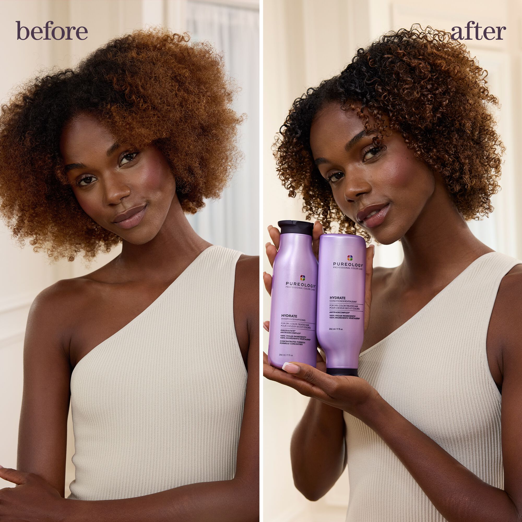 Pureology Hydrate before and after - color-treated damaged hair restored with salon-quality hydration