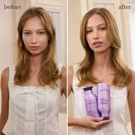 Before and after using Pureology Hydrate duo on dry color-treated hair, showing intense softness