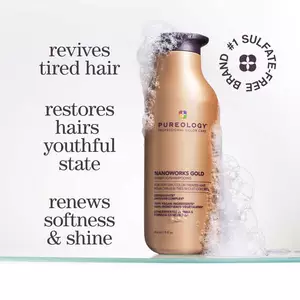 A bottle of Pureology Nanoworks Gold shampoo with foam, surrounded by text: 'revives tired hair,' 'restores hair's youthful state,' 'renews softness & shine'