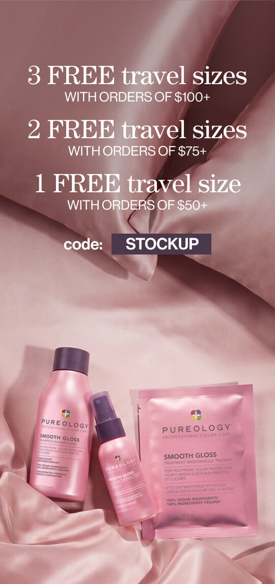 Choose 3 FREE travel sizes with orders of $100+,  2 with orders of $75+, 1 with orders of $50+ code: STOCKUP