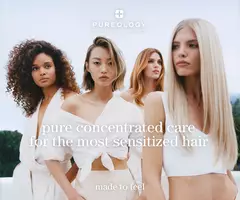 Four women wearing white outfits with text overlay reading 'pure concentrated care for the most sensitized hair' and 'made to feel.'