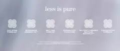 Icons with text: '100% VEGAN FORMULAS,' 'NO PARABENS & MINERAL OIL,' 'ANTI-FADE COMPLEX,' 'ZEROSULFATE COLOR CARE,' '95% POST-CONSUMER RECYCLED MATERIALS,' 'CONCENTRATED FORMULAS,' with the heading 'less is pure'