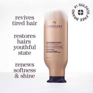 'Revives tired hair. Restores hair's youthful state. Renews softness & shine.' A bottle of Pureology Nanoworks Gold conditioner with '#1 Sulfate-Free Brand' written in a circle.