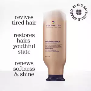 'Revives tired hair. Restores hair's youthful state. Renews softness & shine.' A bottle of Pureology Nanoworks Gold conditioner with '#1 Sulfate-Free Brand' written in a circle.