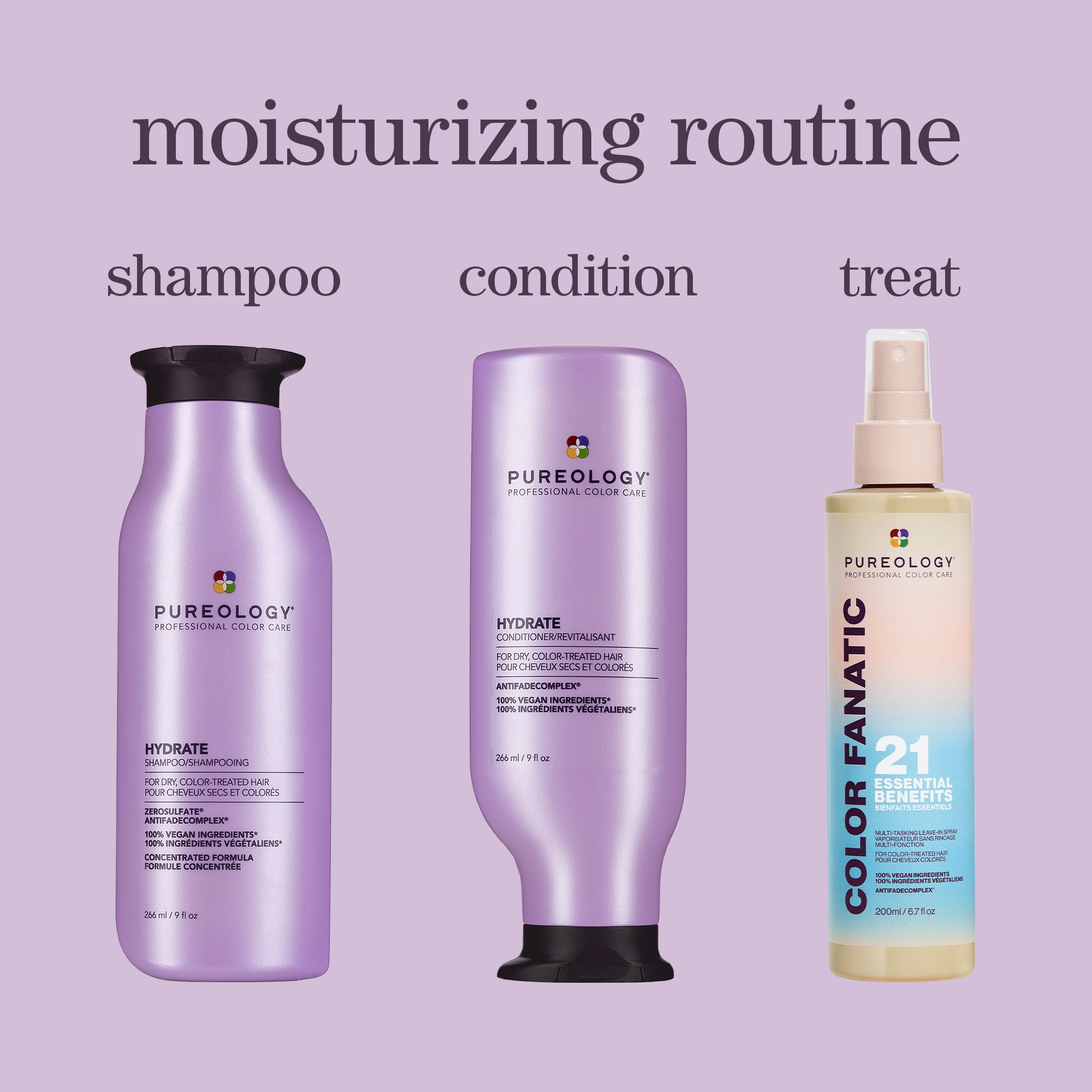 Pureology Hydrate complete routine - shampoo, conditioner, and treatments for damaged color-treated hair
