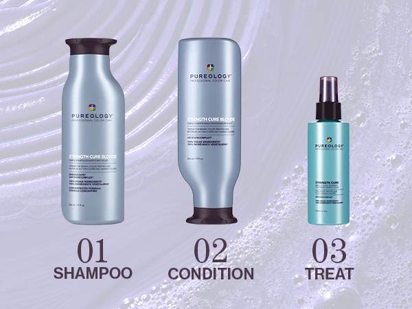 Champú morado de Pureology: Strength Cure Blonde: Clean, Treat, Prime